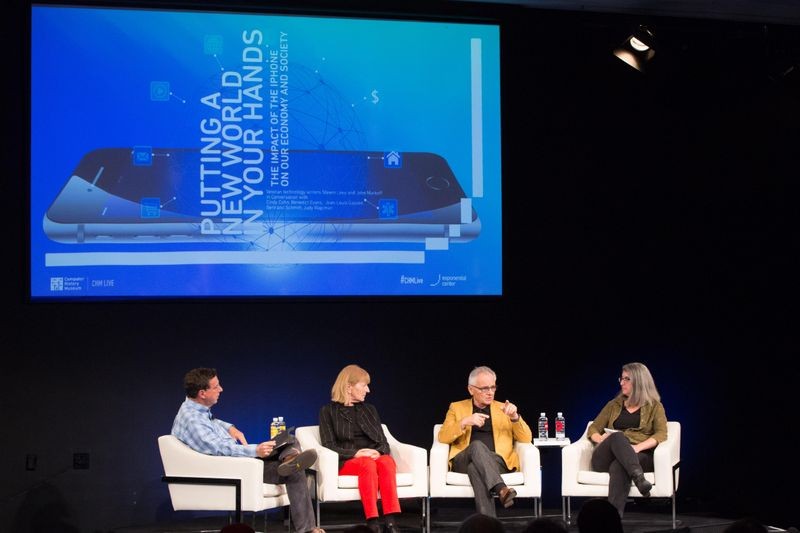 Journalist and CHM historian John Markoff discusses the impact of the iPhone on society with Cindy Cohn, executive director of the Electronic Frontier Foundation; Jean-Louis Gassée, venture partner at Allegis Capital; and Judy Wajcman, Anthony Giddens Professor of Sociology at the London School of Economics and a 2017-18 Mellon Foundation Fellow at the Center for Advanced Study in the Behavioral Sciences at Stanford University during “Putting a New World in Your Hands,” October 18, 2017. Produced by the Exponential Center at the Computer History Museum.